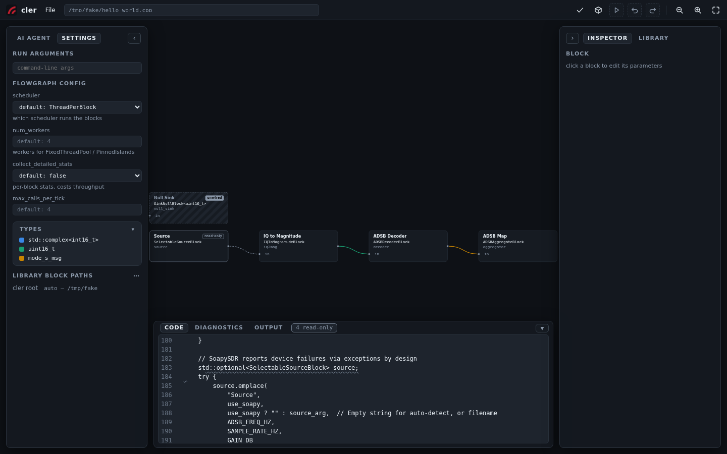 cler-fg with the ADS-B example: four wired blocks, the source marked read-only, code drawer open on the std::optional declaration
