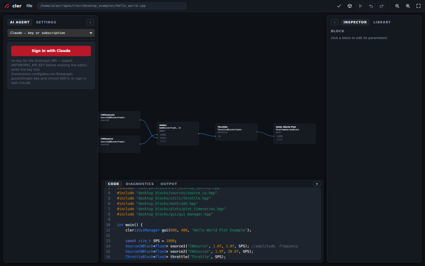 cler-fg with desktop_examples/hello_world.cpp open: two CW sources feeding an adder, a throttle and a plot on the canvas, the code drawer below, the AI agent panel on the left